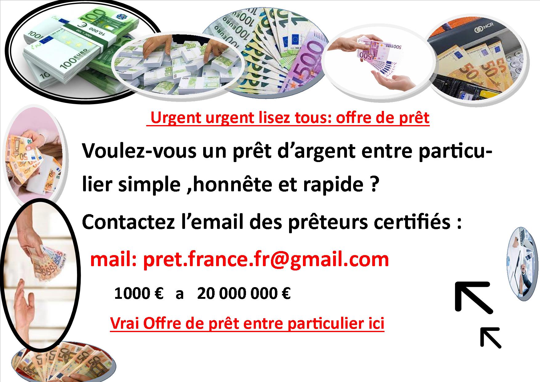 Forum Offre de prêt entre particulier sérieux et rapide en 24 heures ( marclongoni290@gmail.com) marclongoni290@gmail.com Bonjour Faite attention aux escros sur le internet . vous êtes a la recherche de prêt pour soit relancer vos activités soit pour la réalisation d’un projet , soit pour vous acheter un appartement mais hélas la banque vous pose a des conditions dont vous êtes incapable moi je suis un particulier j’octroie des prêts allant de 2000€ à 900 000€ à toutes personnes capable de respecter mes conditions ses ailleurs le taux d’intérêt est de 1,20% l’an. soit vous avez besoin d’argent pour d’autres raisons ; Veuillez me contacter pour plus d’informations. merci de me contacter pas mail: marclongoni290@gmail.com